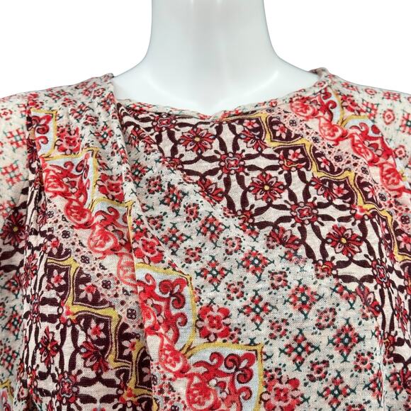 Sundance Top Womens XS Red Cream Josette 100% Linen Geometric Boho Beachy Summer - Picture 2 of 7
